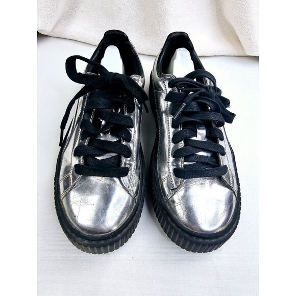 Puma Size 6 Womens Silver patent Leather Low Lace Platform Logo Fashion Sneakers - Picture 3 of 11